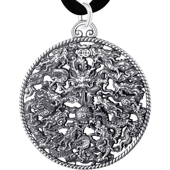 990 Pure Silver Nine Dragons Playing with Pearl Zodiac Dragon Head Pendant