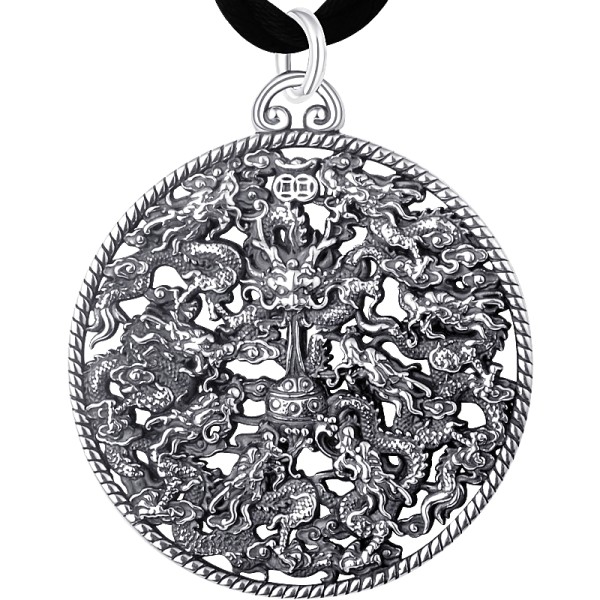 990 Pure Silver Nine Dragons Playing with Pearl Zodiac Dragon Head Pendant