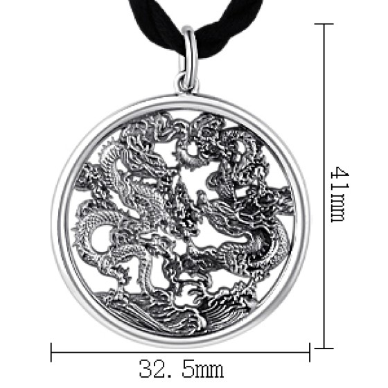 990 Pure Silver Twin Dragons Playing with Pearl Pendant