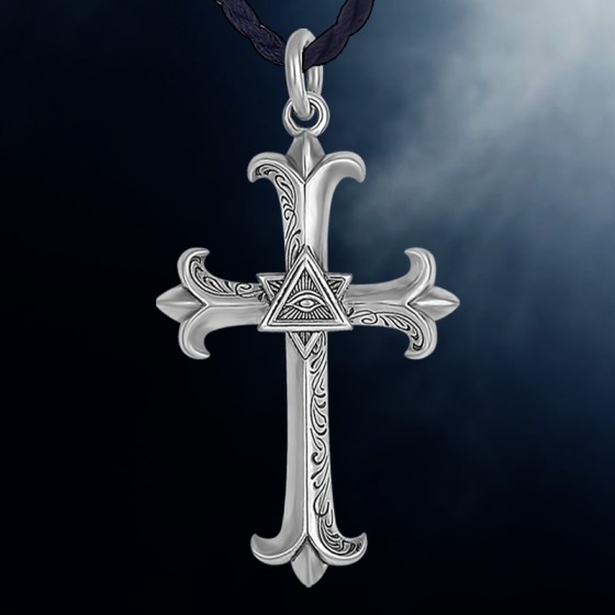 990 Sterling Silver Engraved Cross Iris Flower Hexagram Eye of God Pendant