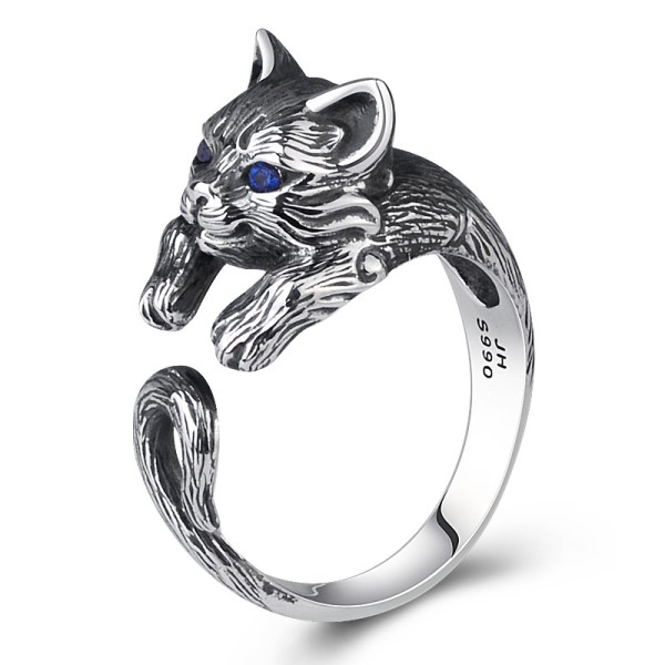 990 Pure Silver Fortune Cat Open-End Ring