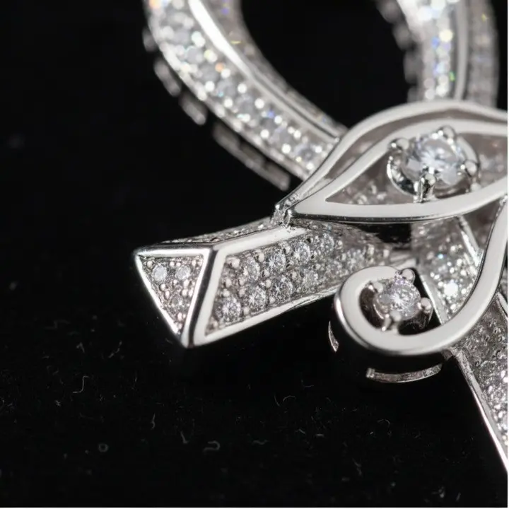14K White Gold Finished S925 Sterling Silver Ankh and Eye of Horus Guard Pendant with Cubic Zirconia