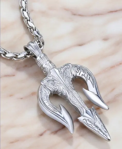 925 Sterling Silver White Gold Plated Classic Trident Mythological Totem Pendant