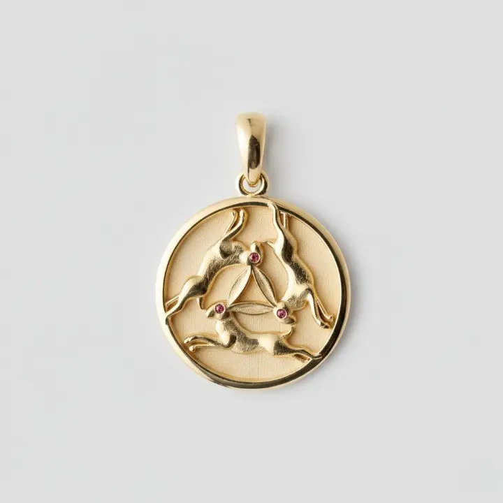 Triple Rabbits Ruby 14K Gold Pendant