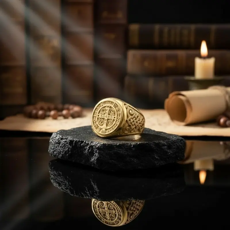 Saint Benedict Cross Seal of Protection Vintage 925 Sterling Silver Ring