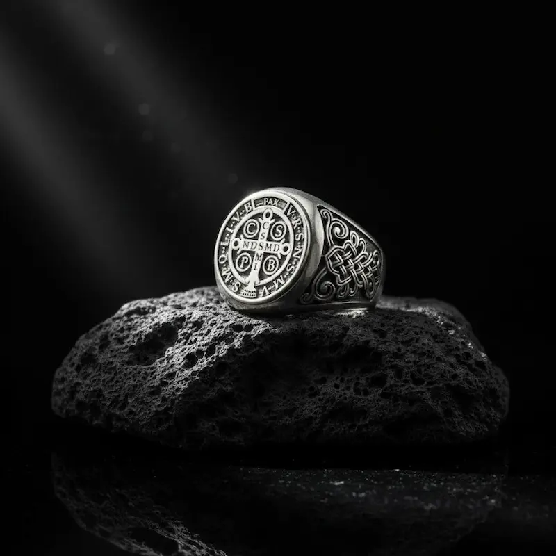 Saint Benedict Cross Seal of Protection Vintage 925 Sterling Silver Ring